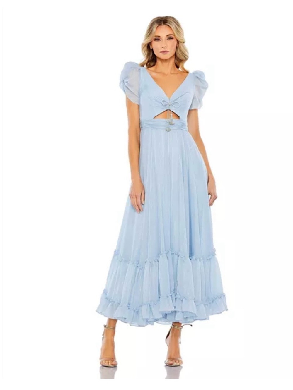 Mac Duggal Powder Blue Puff Sleeve Cutout Midi Dress